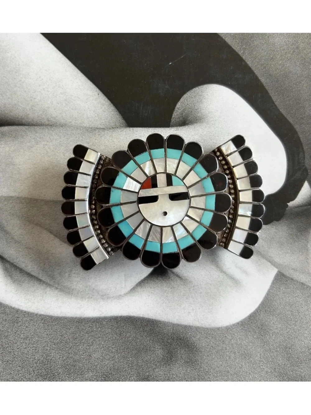 Vintage JD Massie Zuni Sterling Silver Sunface Inlay Belt Buckle Native American